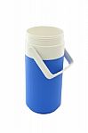 Small Blue Can Plastic Cooler Opened On White Background Stock Photo