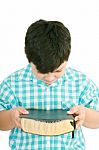 Small Boy Praying With Bible Stock Photo