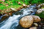 Small Waterfall With Fern And Rocks Located In Doi Inthanon Stock Photo