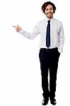 Smart Business Executive Pointing Away Stock Photo