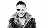 Smiling Attractive Girl In Furry Overcoat Stock Photo