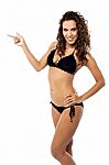 Smiling Bikini Woman Pointing Her Finger Stock Photo