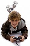 Smiling Boy With Joystick Stock Photo