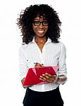 Smiling Business Lady Making Notes Stock Photo