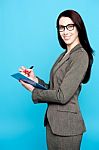 Smiling Businesswoman Writing Stock Photo