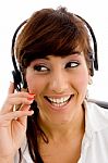 Smiling call center lady Stock Photo