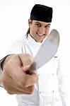 Smiling Chef Showing Knife Stock Photo