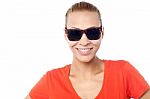 Smiling Fashion Woman Wearing Sunglasses Stock Photo