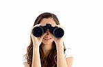 Smiling Female Watching Through Binocular Stock Photo