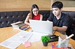 Smiling Friends Using Laptop In Cafe At The University Stock Photo