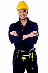 Smiling Handyman Isolated Over White Stock Photo