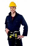 Smiling Handyman On White Background Stock Photo