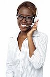 Smiling Lady Customer Service Agent Stock Photo