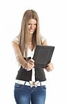 Smiling Lady Holding Tablet Pc Stock Photo