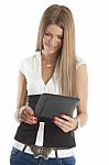 Smiling Lady Holding Tablet Pc Stock Photo