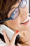 smiling lady Talking Over Phone Stock Photo