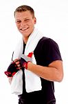 smiling Man Holding Towel Stock Photo