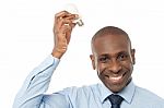 Smiling Man With Lamp, Idea Concept Stock Photo