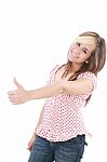 Smiling Woman Making Ok Sign Stock Photo