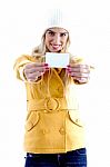 Smiling Woman Showing Business Card Stock Photo