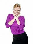 Smiling Woman Standing On White Stock Photo