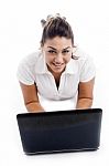 Smiling Woman Using Laptop Stock Photo