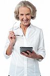 Smiling Woman With Tablet Over White Stock Photo