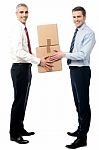 Smiling Young Men Receive Cartons Boxes Stock Photo