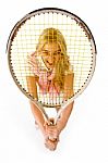 Smiling Young Woman With Tennis Racket Stock Photo