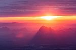 Soft Focus And Blur Beautiful Landscape On The Top Of Mountains With The Sun At Dawn Stock Photo