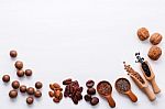 Spoon Of Various Legumes And Different Kinds Of Nuts Walnuts Ker Stock Photo