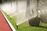 Sprinkler Watering The Grass Stock Photo