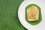 Sticky Rice With Steamed Custard On Banana Leaves And Dish, Sweet Sticky Rice, Thai Sweet Dessert, Original Thai Food Stock Photo