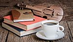 Still Life Cup Of Coffee,book And Violin On Old Wood Background Stock Photo