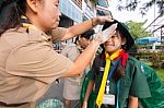 Student 9-10 Years Old, Welcome To Boy Scout Camp In Bangkok Thailand Stock Photo