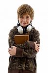 Student With Books And Headset Stock Photo