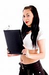 Successful Sexy Business Woman Posing With Folder Stock Photo