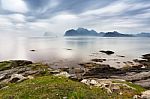 Summer Cloudy Lofoten Islands. Norway Misty Fjords Stock Photo