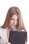 surprised lady with Tablet pc Stock Photo