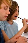 Teenage Girl Holding Pencil Stock Photo