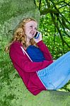 Teenage Girl In Tree Calling With Mobile Phone Stock Photo