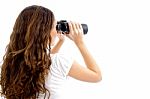 Teenager Girl Watching Through Binocular Stock Photo