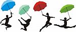 Teens Jumping With Umbrellas Stock Photo