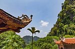 Temple Roofs In Vietnam With The Jungle In The Background Stock Photo