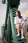 Thai Adult Girl White T-shirt Beautiful Girl Relax And Smile Stock Photo