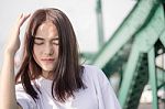 Thai Adult Girl White T-shirt Beautiful Girl Relax And Smile Stock Photo