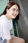 Thai Adult Girl White T-shirt Beautiful Girl Relax And Smile Stock Photo