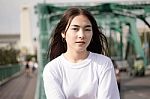 Thai Adult Girl White T-shirt Beautiful Girl Relax And Smile Stock Photo