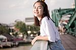 Thai Adult Girl White T-shirt Beautiful Girl Relax And Smile Stock Photo