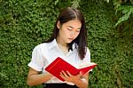 Thai Adult Student University Beautiful Girl Reading Red Book Stock Photo